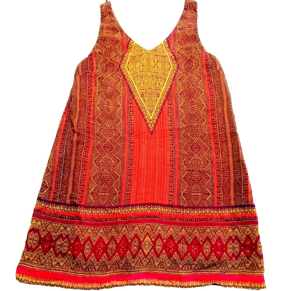 City Triangles Dress Tunic Tribal Aztec Flowy Orange Red L India Boho Hippie